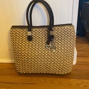 BRIGHTON RAFFIA STRAW PURSE W/ BRAIDED LEATHER HANDLES TOTE BAG approx 14 x 11